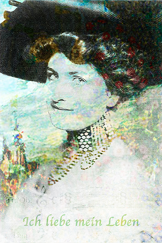 Digital bearbeitetes und in zart Türkis-Gelb gestaltetes Porträt mit dunklem Hut der östereichischen Persönlichkeit der Musik-, Kunst- und Literaturszene Alma Mahler-Gropius-Werfel.