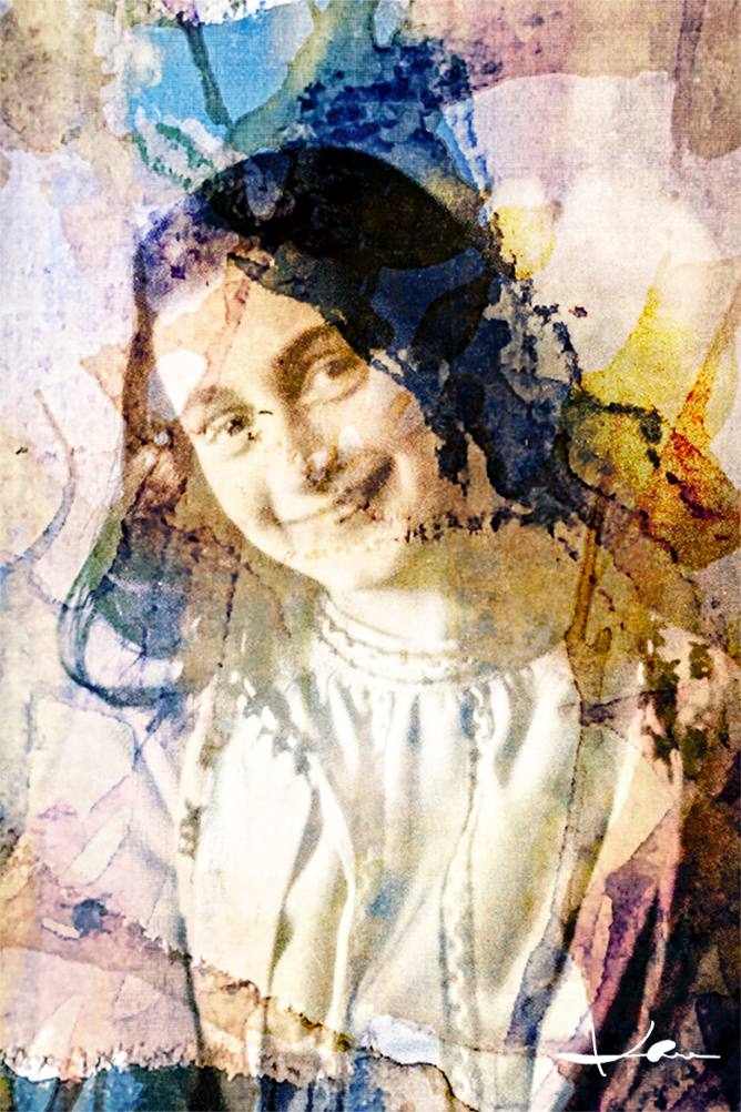 Digital bearbeitetes und in Beige- Blau- und Gelbtönen gestaltetes Porträt der Anne Frank.