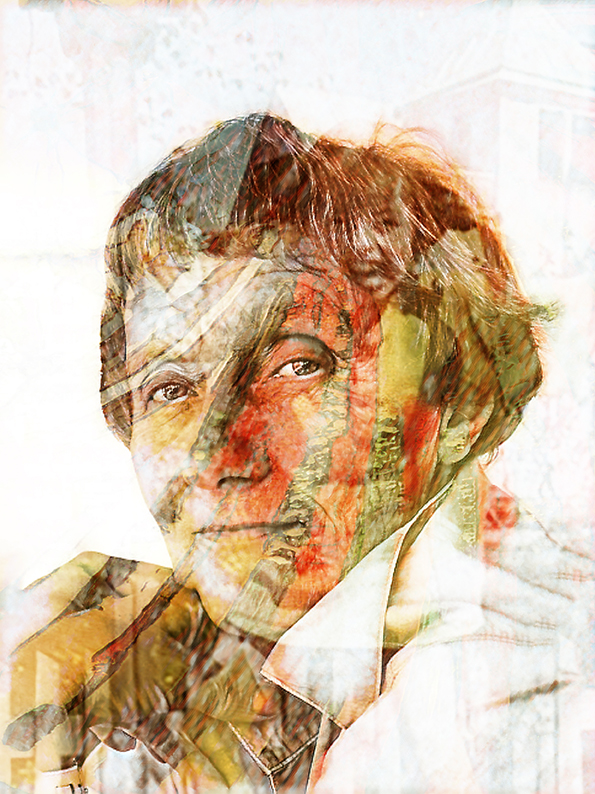 Digital bearbeitetes und in Beige-Orangtönen vor weißem Hintergrund gestaltetes Porträt der schwedischen Schriftstellerin und wohl bekanntesten Kinderbuchautorin weltweit Astrid Lindgren.