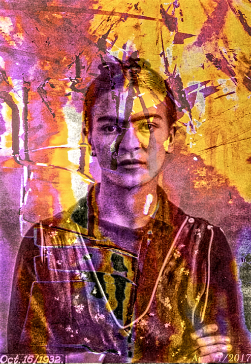 Digital bearbeitetes und in Pink- und Gelbtönen gestaltetes Porträt der mexikanischen, surrealistischen Malerin Frida Kahlo. 