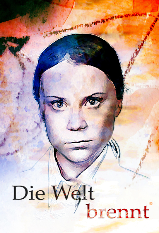 Digital bearbeitetes und in Blau- Orange- und Weißtönen gestaltetes Porträt von Greta Thunberg.
