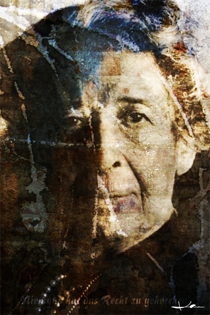 Digital bearbeitetes und in Beige- und Brauntönen mit ein wenig Blau gestaltetes Porträt der jüdisch-deutsch-amerikanischen Publizistin und politischen Theoretikerin Hannah Arendt.