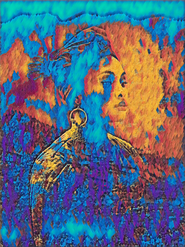 Digital bearbeitetes und in Blau- Orangtönen gestaltetes Porträt der franco-komorischen Soulsängerin Imany.