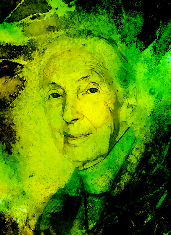 Digital bearbeitetes und in TGrüntönen gestaltetes Porträt der britischen Primatenforscherin Jane Goodall.
