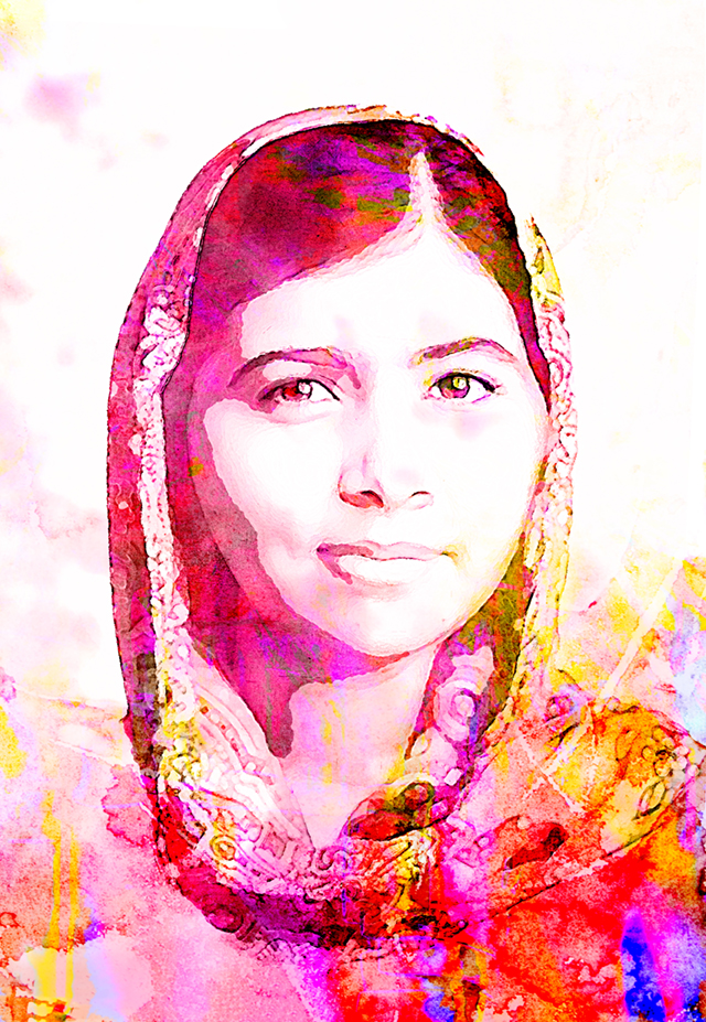 Digital bearbeitetes und in Magnete- Gelb- und Rottönen gestaltetes Porträt der pakistanischen Friedensnobelpreisträgerin und Kinderrechtsaktivistin Masala Yousafzai. 