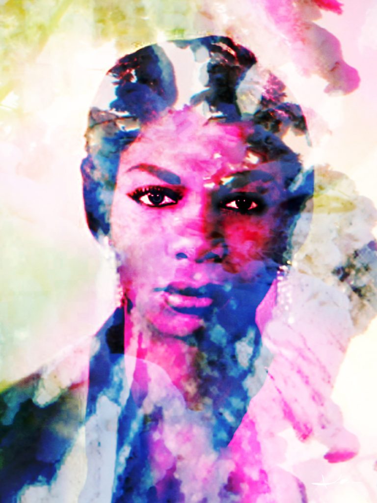 Digital bearbeitetes und in lichten Magnet - und Blautönen gestaltetes Porträt der US-amerikanischen Jazz- und Bluessängerin Nina Simone.