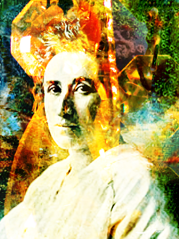 Digital bearbeitetes und in Gelb-, Gold- und Grüntönen gestaltetes Porträt der deutschen sozialistischen Politikerin Rosa Luxemburg.