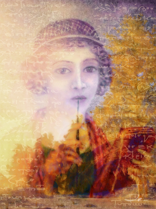 Digital bearbeitetes und Gelb- und Sandtönen gestaltetes Porträt der antiken griechischen Dichterin Sappho.