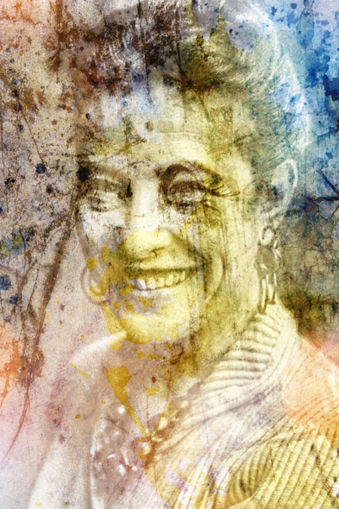 Digital bearbeitetes und in zarten Gelbtönen mit blau und Gelb gestaltetes Porträt der französischen Schriftstellerin, Philosophin und Feministin Simone de Beauvoir.
