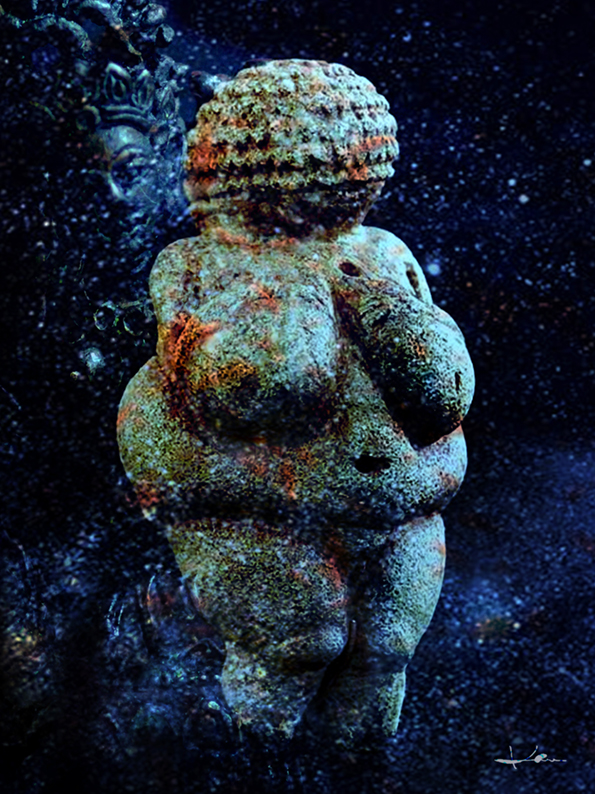 Digital bearbeitetes und in Dunkelviolett gestaltetes Porträt der Venus von Willendorf.