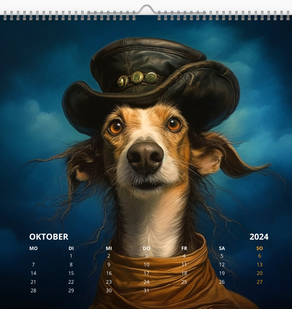 Kalenderblatt Lurcher als Modern Pirate mit Piratenmütze umgeben von Nachtblauen Wolken
