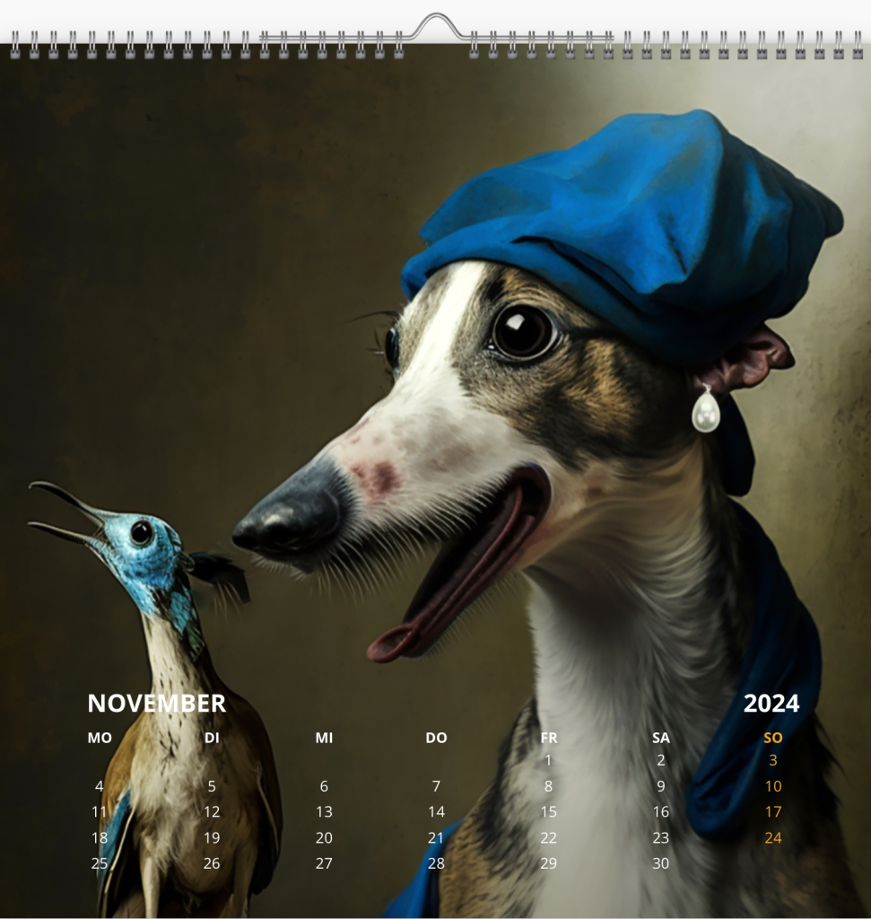 Kalenderblatt Lurcher - Hündin als ,Mädchen mit dem Perlenohrring' von Vermeer