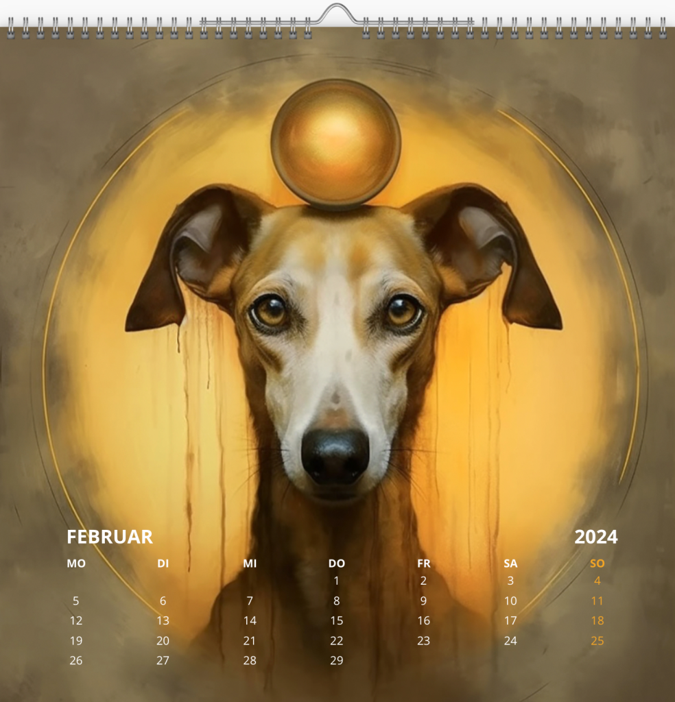 Kalenderblatt Lurcher mit Goldkugel und goldenem Kreis im Hintergrund