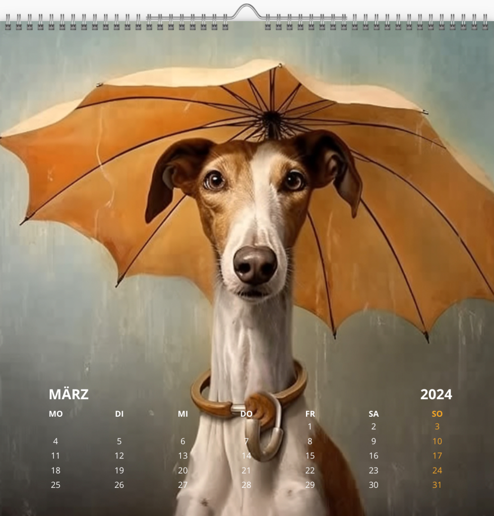 Kalenderblatt Lurchermit orangenem Regenschirm vor grauem Hintergrund