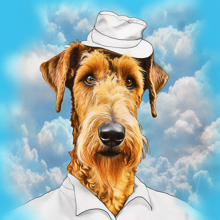 Ki generiertes Portrait von einem Airedale Terrier mit weißer Mütze und weißem Hemd umgeben von Himmel und hellen Wolken