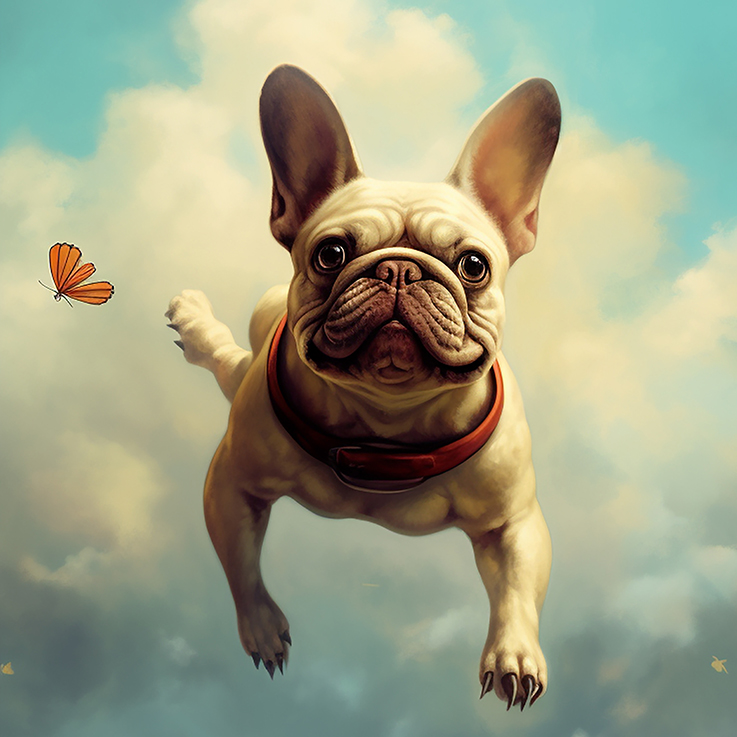Ki generiertes Portrait von einer fliegenden Bulldogge umgeben von hellen Wolken