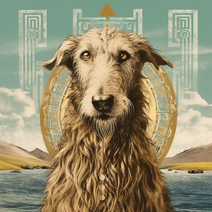 Ki generiertes Portrait von einem Deerhound, der frontal in die Kamera blickt, im Hintergrund eine Irische Landschaft und Ornamente