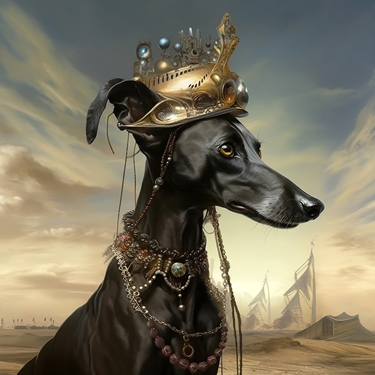 Ki generiertes Portrait eines schwarzen Lurcher - Whippet mit Krone umgeben von einer Wüstenlandschaft