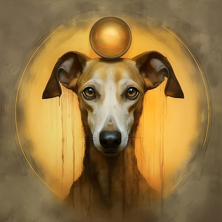 Ki generiertes Portrait eines Lurchers mit goldener Kugel auf dem Kopf umgeben von einem Lichtkreis