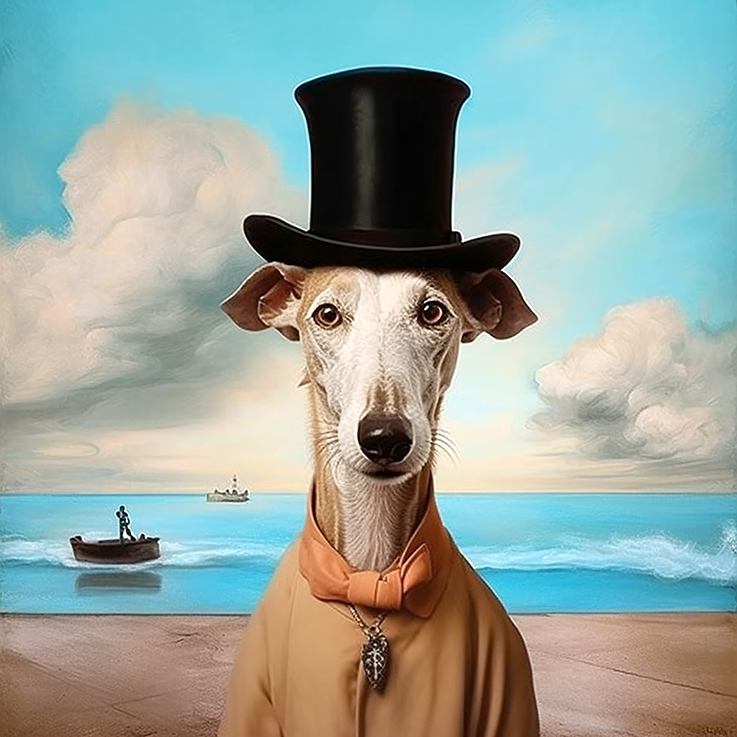 Ki generiertes Portrait eines Lurchers mit Zylinder und beigefarbenem Leinengewand, im Hintergrund Meer, Sand, Wolken und ein Boot