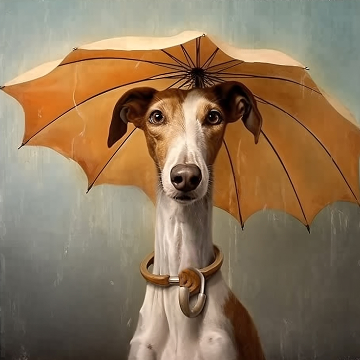 Ki generiertes Portrait Lurchers mit orange färbendem Regenschirm