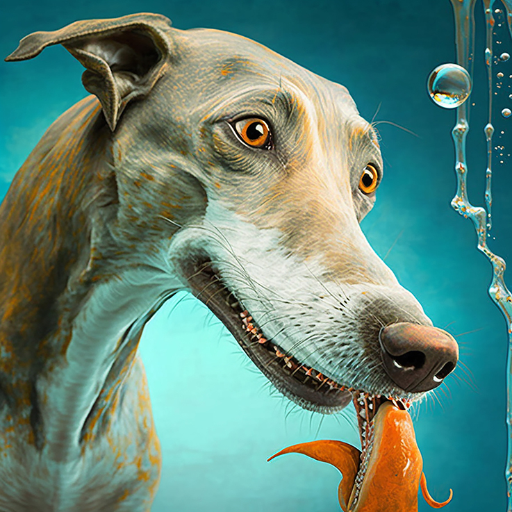 Ki generiertes Portrait eines Lurchers mit Goldfisch im Maul umgeben von türkisfarbenem Wasser