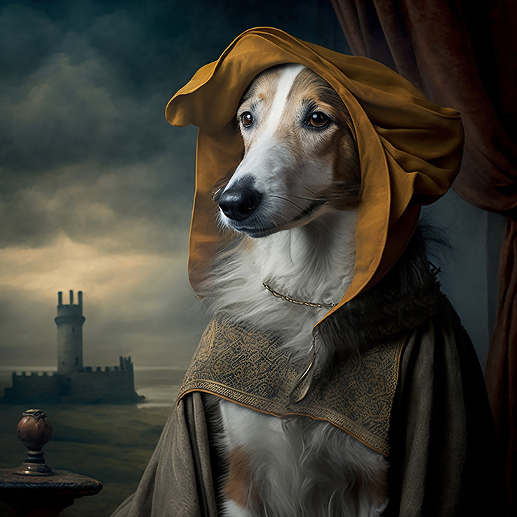 Ki generiertes Portrait von einer Lurcher-Dame mit goldenem Kapuzen-Cape im Vermeer Stil, Umgeben von dunklen Wolken
