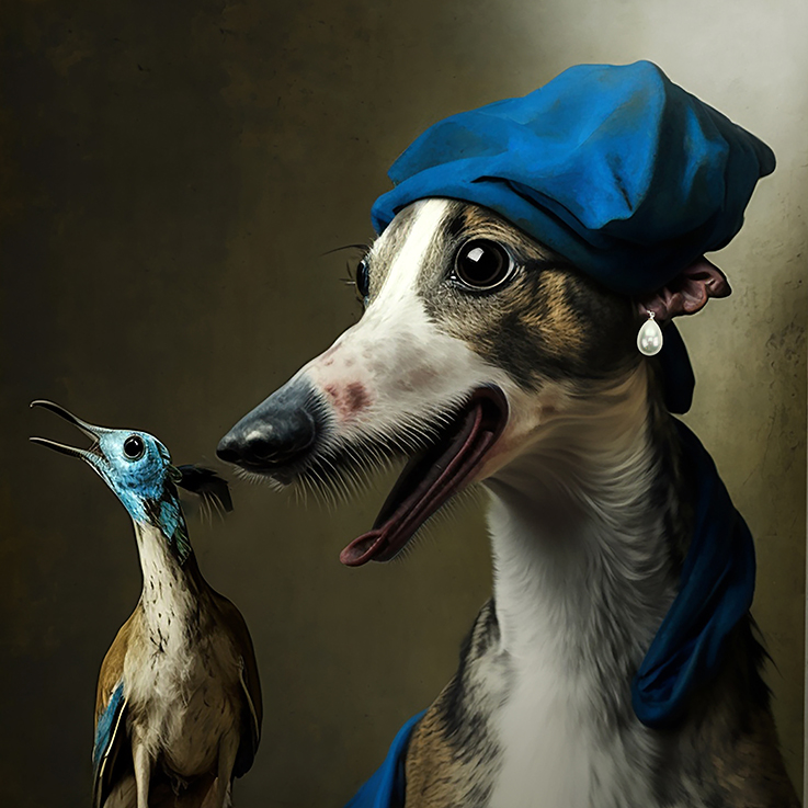 Ki generiertes Portrait eines Lurchers nachher dem Vermeer - Gemälde ,Das Mädchen mit dem Perlenohrring'