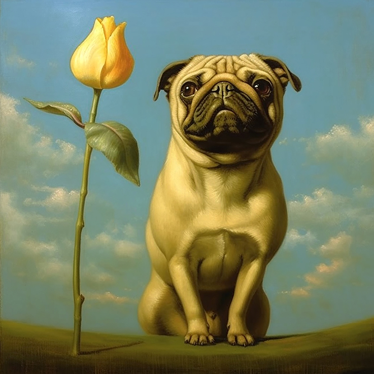 Ki generiertes Portrait von einem Mops, neben ihm eine gelbe Rose, im Hintergrund Blauer Himmel und Wolken