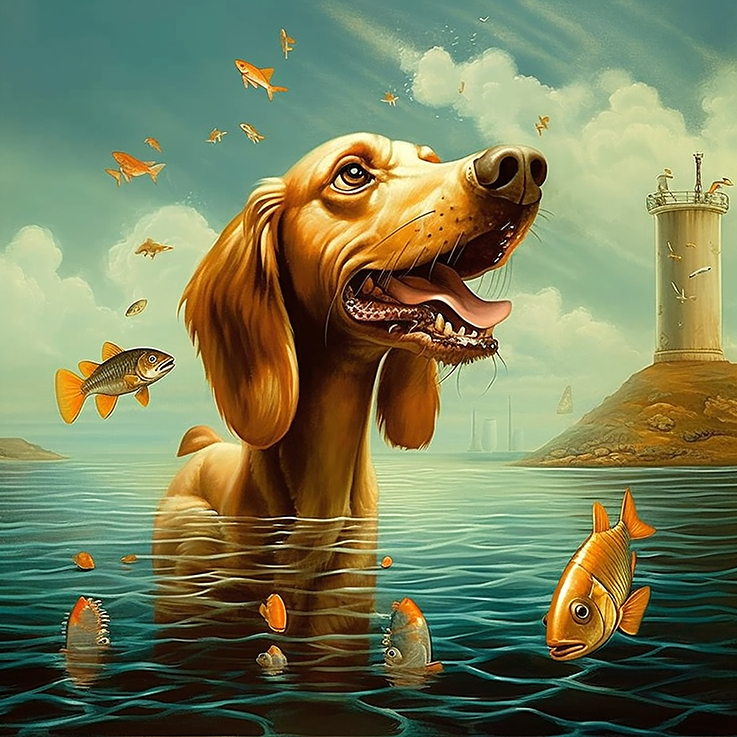 Ki generiertes Portrait eines Retrievers der im Wasser steht, Goldfische fliegen durch die Luft
