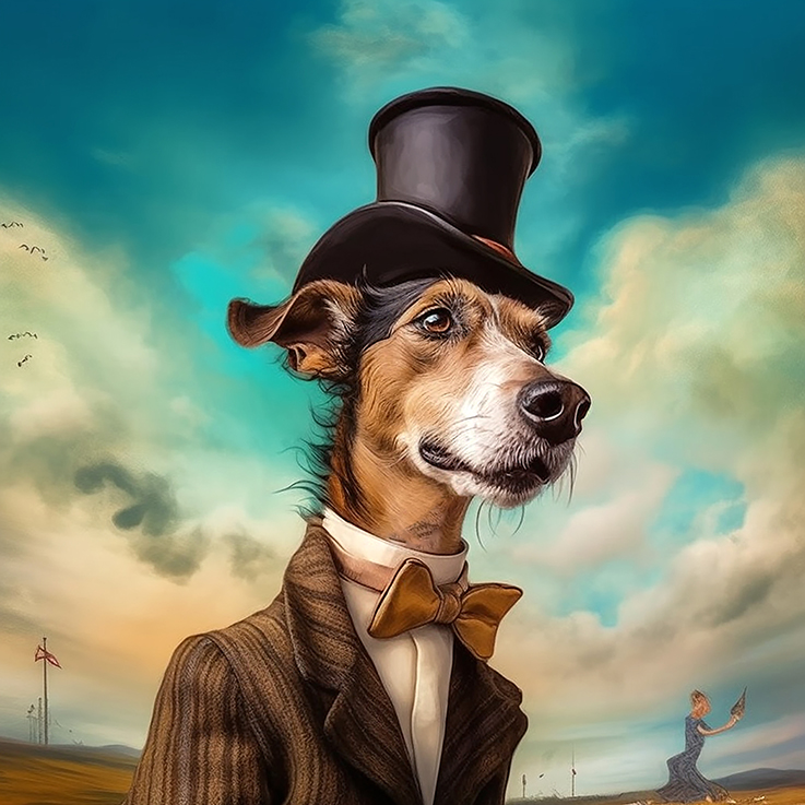 Ki generiertes Portrait eines Lurchers mit Zylinder-Hut und Krawatte, geben von Himmel und Wolken